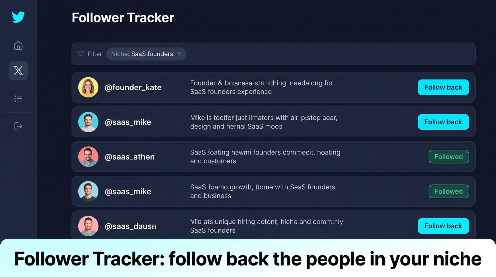 Tweeksocial Follower Tracker showing targeted accounts and follow-back campaign