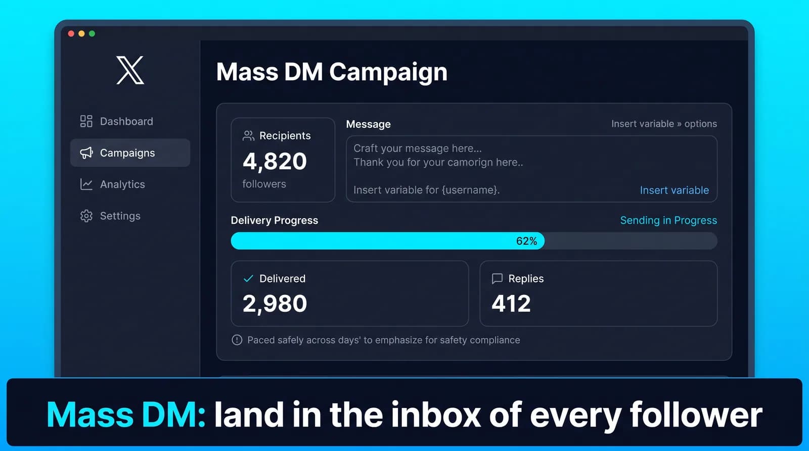 Tweeksocial Twitter mass DM campaign showing recipients, delivery and replies