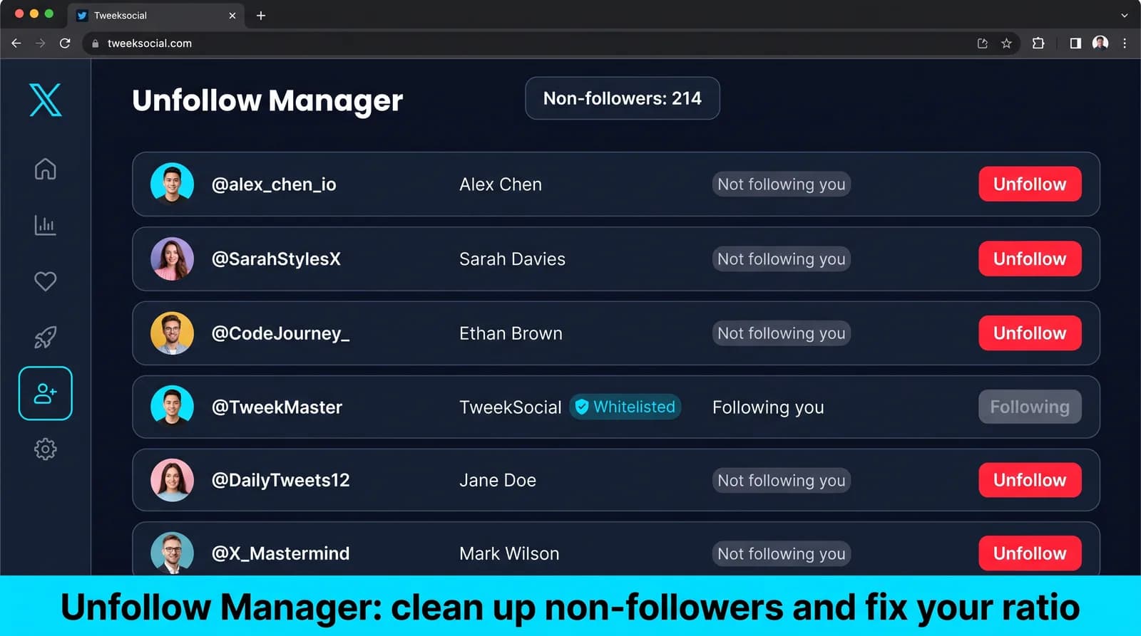 Tweeksocial Twitter unfollow manager showing non-followers and whitelist
